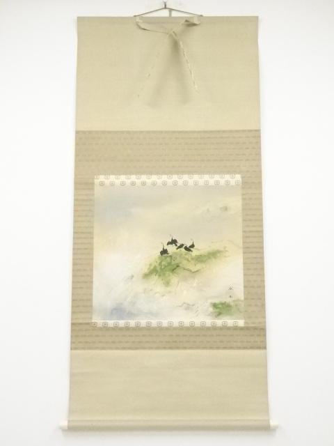 JAPANESE HANGING SCROLL / HAND PAINTED / CRANES / BY SEIGYU KITAGAMI